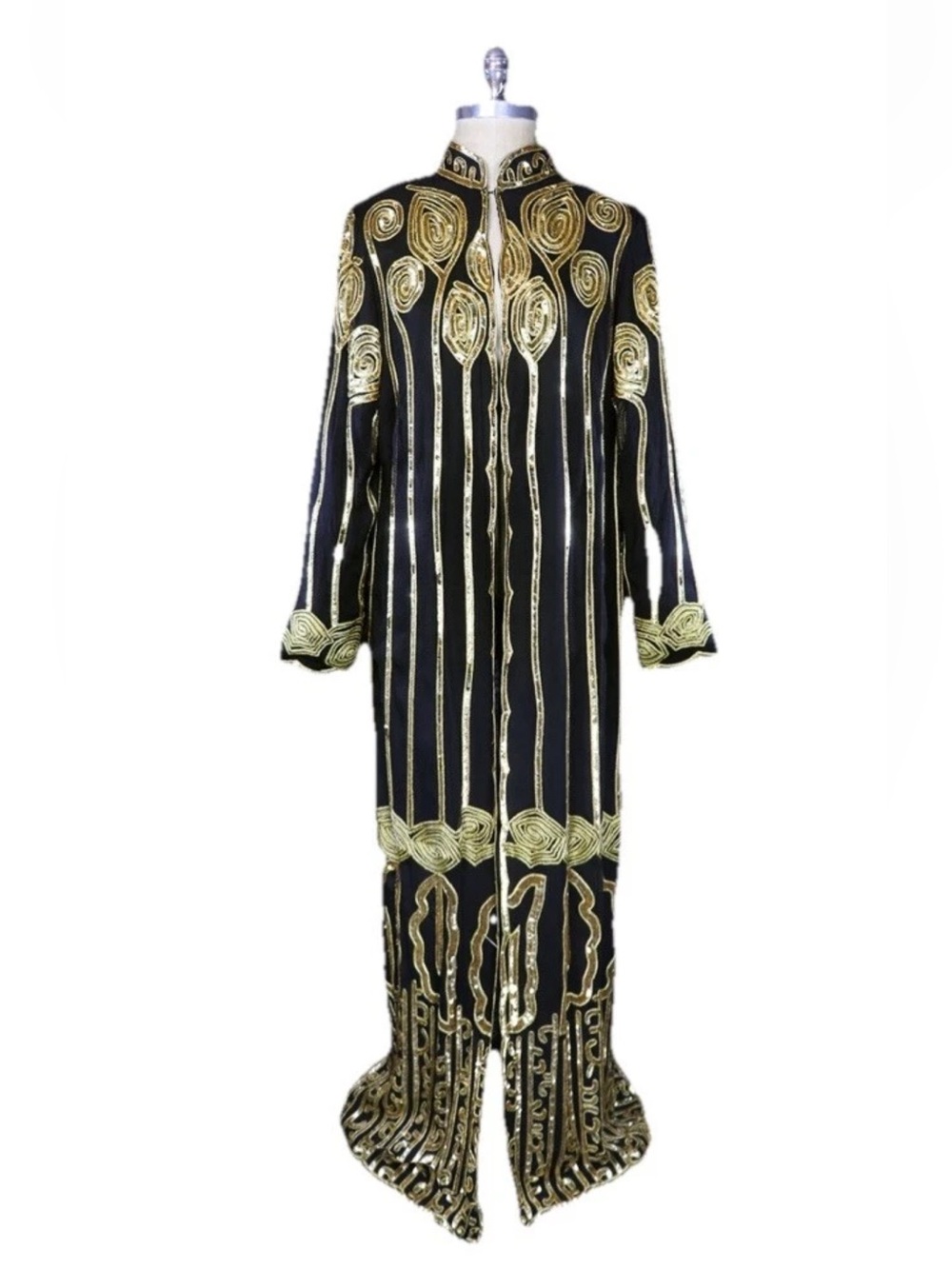 VTG Black Silk Gold Sequin Beaded Duster Jacket 12 Luxury Art Deco Bohemian Glam